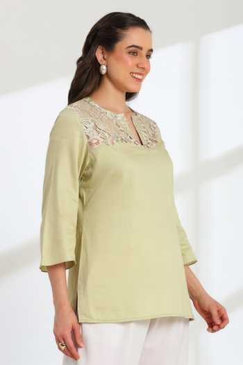 DAREISS_Green Cotton Split V-neck Jade Blossom Embroidered Top _Online_at_Aza_Fashions