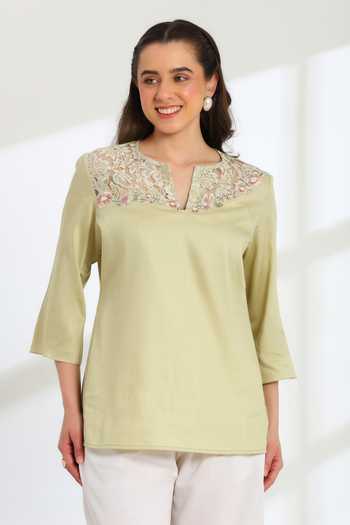 Buy_DAREISS_Green Cotton Split V-neck Jade Blossom Embroidered Top _at_Aza_Fashions