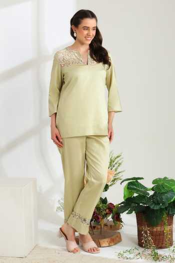 DAREISS_Green Cotton Split V-neck Jade Embroidered Top And Pant Set _Online_at_Aza_Fashions
