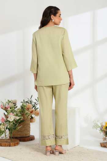 Shop_DAREISS_Green Cotton Split V-neck Jade Embroidered Top And Pant Set _at_Aza_Fashions
