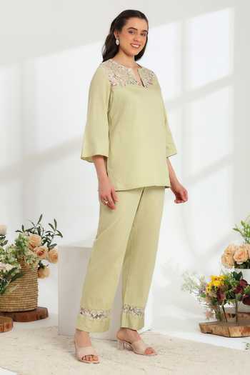 Shop_DAREISS_Green Cotton Split V-neck Jade Embroidered Top And Pant Set _Online_at_Aza_Fashions