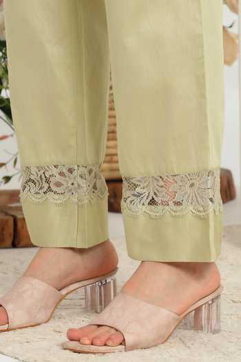 DAREISS_Green Cotton Split V-neck Jade Embroidered Top And Pant Set _at_Aza_Fashions