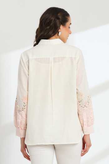 Shop_DAREISS_Pink Silk, Cotton Collared Neck Cendre Hand Embroidered Shirt _at_Aza_Fashions