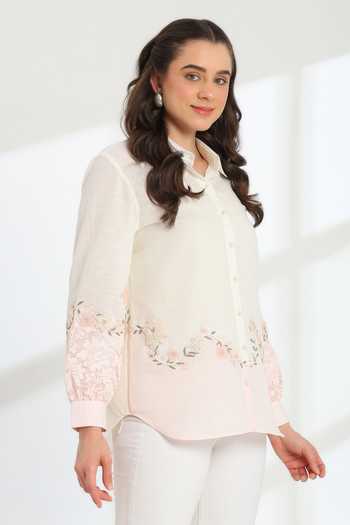 DAREISS_Pink Silk, Cotton Collared Neck Cendre Hand Embroidered Shirt _Online_at_Aza_Fashions