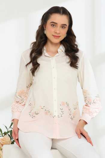Buy_DAREISS_Pink Silk, Cotton Collared Neck Cendre Hand Embroidered Shirt _Online_at_Aza_Fashions
