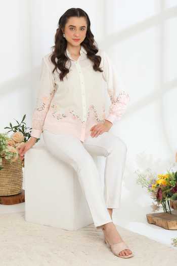 Shop_DAREISS_Pink Silk, Cotton Collared Neck Cendre Hand Embroidered Shirt _Online_at_Aza_Fashions