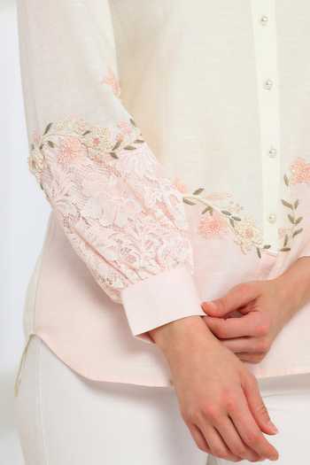 DAREISS_Pink Silk, Cotton Collared Neck Cendre Hand Embroidered Shirt _at_Aza_Fashions