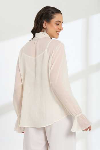 Shop_DAREISS_Ivory Cotton High Neck Solaire Floral Pattern Top _at_Aza_Fashions