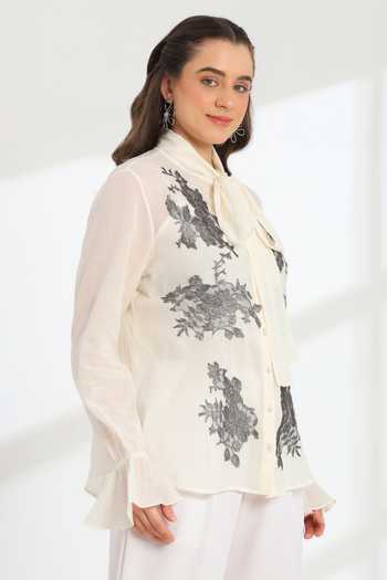 Shop_DAREISS_Ivory Cotton High Neck Solaire Floral Pattern Top _Online_at_Aza_Fashions