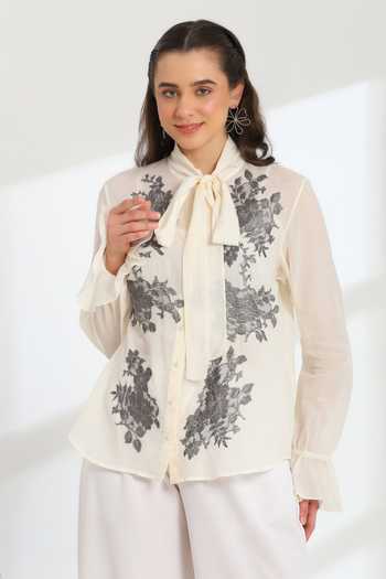 Buy_DAREISS_Ivory Cotton High Neck Solaire Floral Pattern Top _at_Aza_Fashions