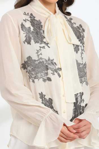 DAREISS_Ivory Cotton High Neck Solaire Floral Pattern Top _Online