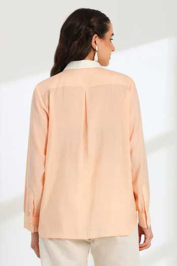 Shop_DAREISS_Peach Silk, Linen Collared Neck Florea Hand Embroidered Shirt _at_Aza_Fashions