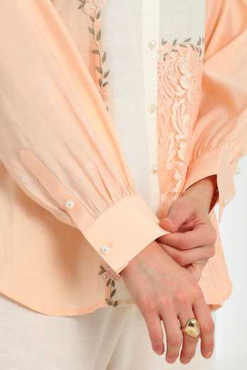 Shop_DAREISS_Peach Silk, Linen Collared Neck Florea Hand Embroidered Shirt _Online_at_Aza_Fashions