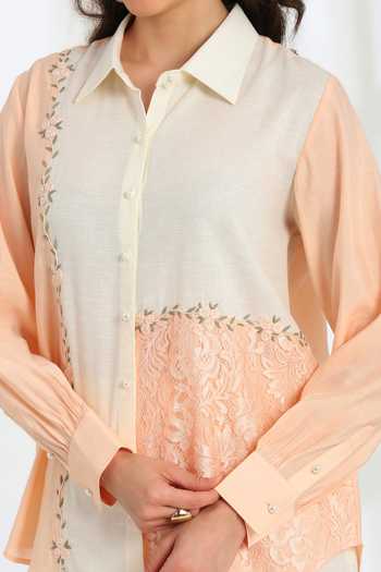 Buy_DAREISS_Beige Silk, Linen Collared Neck Florea Hand Embroidered Shirt And Pant Set _Online_at_Aza_Fashions