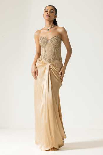 Buy_DAREISS_Beige Silk Satin, Lace Lace, Beads Ivoria Chantilly Work Corset And Skirt Set _at_Aza_Fashions