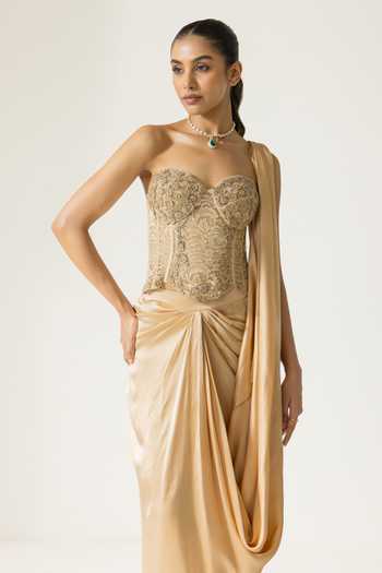 Shop_DAREISS_Beige Silk Satin, Lace Lace, Beads Ivoria Chantilly Work Corset And Skirt Set _at_Aza_Fashions