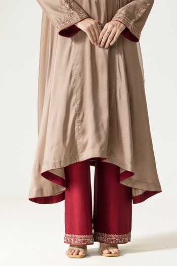 DAREISS_Beige Silk, Dupion V-neck, Yes Zaria Hand Embroidered Kurta Set _Online_at_Aza_Fashions