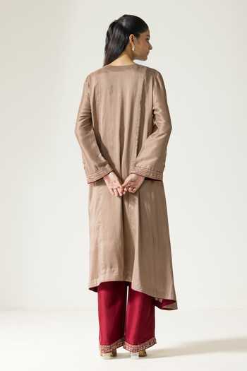 Shop_DAREISS_Beige Silk, Dupion V-neck, Yes Zaria Hand Embroidered Kurta Set _at_Aza_Fashions