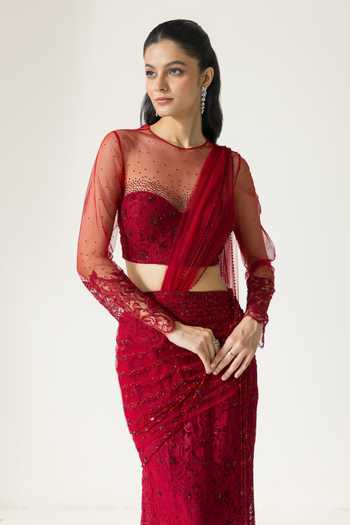 DAREISS_Red Lace, Chantilly Round Neck Hand Embroidered Pre-draped Saree With Blouse _Online_at_Aza_Fashions