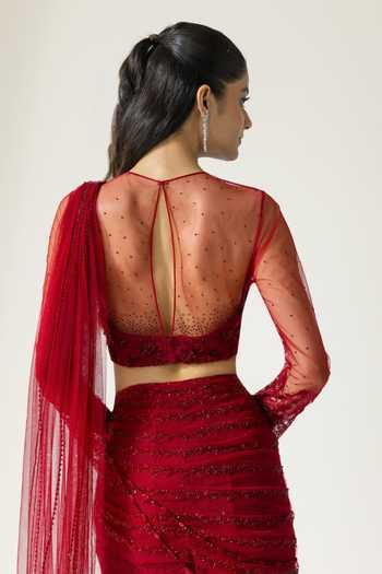 Shop_DAREISS_Red Lace, Chantilly Round Neck Hand Embroidered Pre-draped Saree With Blouse _at_Aza_Fashions
