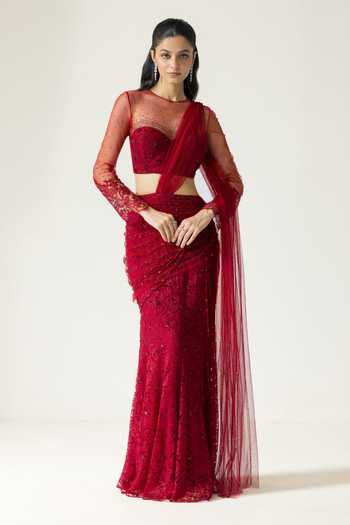 Buy_DAREISS_Red Lace, Chantilly Round Neck Hand Embroidered Pre-draped Saree With Blouse _at_Aza_Fashions