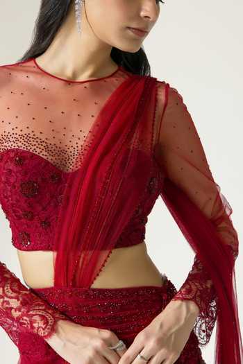 DAREISS_Red Lace, Chantilly Round Neck Hand Embroidered Pre-draped Saree With Blouse _at_Aza_Fashions