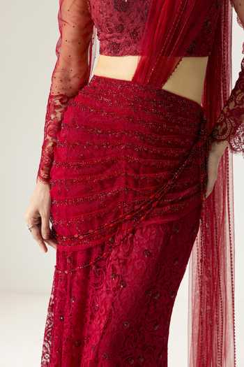 Shop_DAREISS_Red Lace, Chantilly Round Neck Hand Embroidered Pre-draped Saree With Blouse 