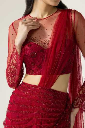 DAREISS_Red Lace, Chantilly Round Neck Hand Embroidered Pre-draped Saree With Blouse _Online