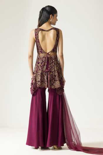 Shop_DAREISS_Wine Lace, Viscose Georgette, Chantilly V-neck Embroidered Kurta Sharara Set _at_Aza_Fashions