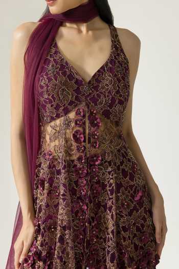 DAREISS_Wine Lace, Viscose Georgette, Chantilly V-neck Embroidered Kurta Sharara Set _at_Aza_Fashions