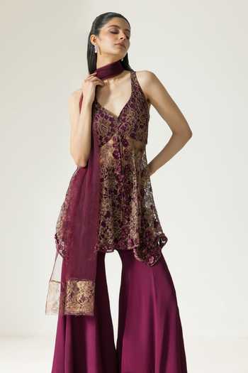 DAREISS_Wine Lace, Viscose Georgette, Chantilly V-neck Embroidered Kurta Sharara Set _Online