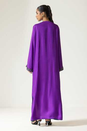 Shop_DAREISS_Purple Silk V-neck Orchid Hand Embroidered Kaftan _at_Aza_Fashions