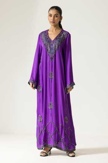 Buy_DAREISS_Purple Silk V-neck Orchid Hand Embroidered Kaftan _Online_at_Aza_Fashions