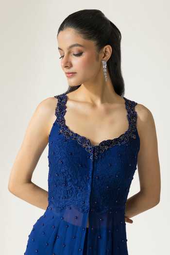 DAREISS_Blue Silk, Georgette Leaf Neck Sape Hand Embroidered Kurta Set _Online_at_Aza_Fashions