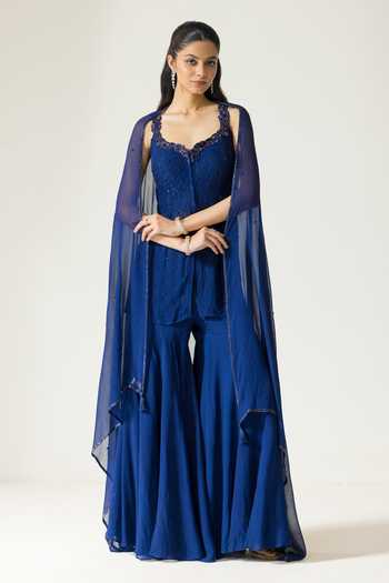 Buy_DAREISS_Blue Silk, Georgette Leaf Neck Sape Hand Embroidered Kurta Set _at_Aza_Fashions