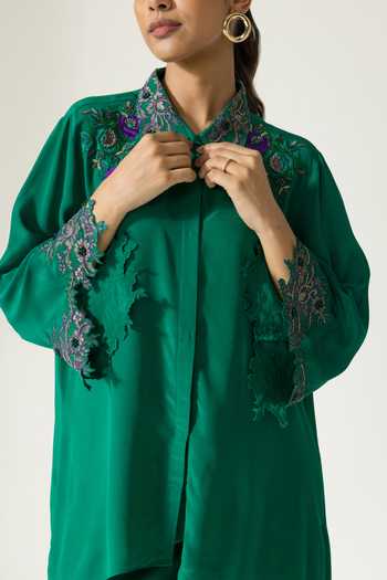 Shop_DAREISS_Green Silk, Crepe Mandarin Collar Hydrangea Hand Embroidered Shirt And Pant Set _Online_at_Aza_Fashions