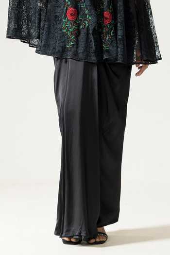 DAREISS_Black Silk, Satin, Lace Collared Neck Embroidered Cape Skirt Set _Online_at_Aza_Fashions