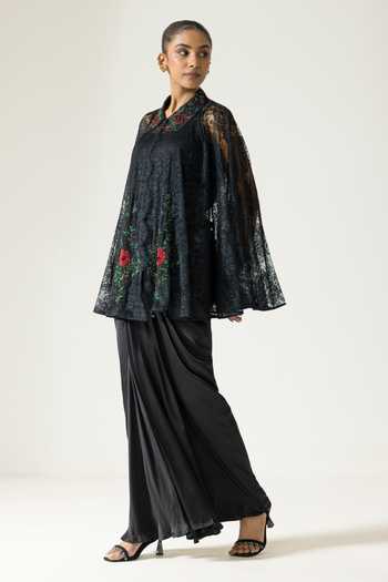 Buy_DAREISS_Black Silk, Satin, Lace Collared Neck Embroidered Cape Skirt Set _Online_at_Aza_Fashions