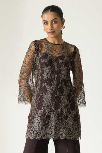 Shop_DAREISS_Brown Silk, Georgette, Lace, Walnut Rose Hand Embroidered Kurta And Sharara Set _Online_at_Aza_Fashions