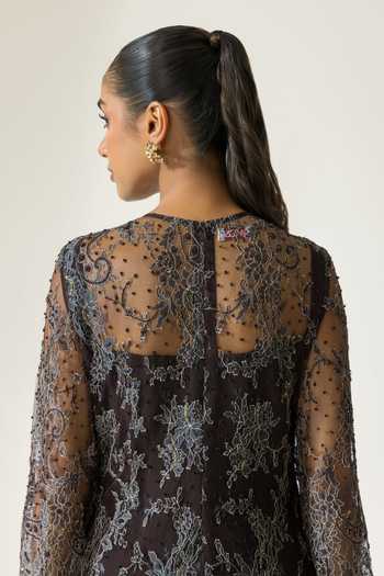 Buy_DAREISS_Brown Silk, Georgette, Lace, Walnut Rose Hand Embroidered Kurta And Sharara Set 