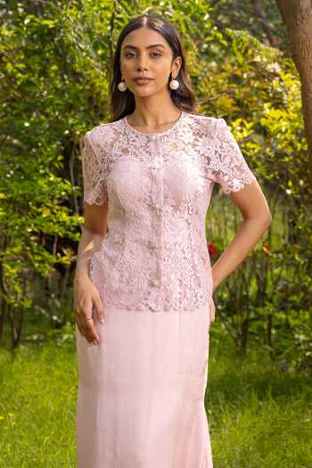 DAREISS_Pink Satin Round Neck Azue Embellished Jacket And Dress Set _Online_at_Aza_Fashions