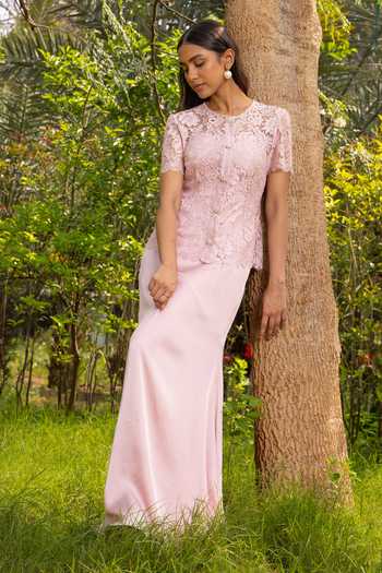 Shop_DAREISS_Pink Satin Round Neck Azue Embellished Jacket And Dress Set _at_Aza_Fashions