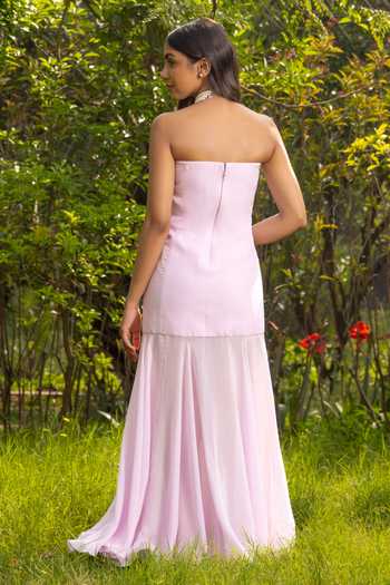 Shop_DAREISS_Lavender Silk, Chiffon Sweetheart Neck Wisteria Hand Embroidered Maxi Dress _at_Aza_Fashions
