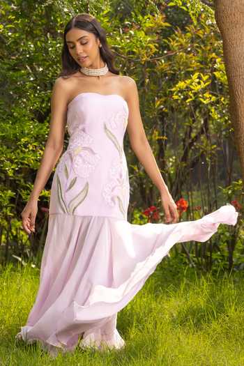 Buy_DAREISS_Lavender Silk, Chiffon Sweetheart Neck Wisteria Hand Embroidered Maxi Dress _Online_at_Aza_Fashions
