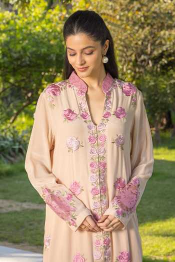 DAREISS_Beige Silk, Crepe Mandarin Collar Camellia Embroidered Kurta Set _Online_at_Aza_Fashions