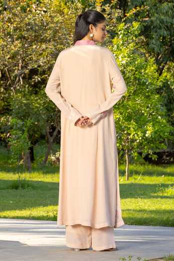 Shop_DAREISS_Beige Silk, Crepe Mandarin Collar Camellia Embroidered Kurta Set _at_Aza_Fashions