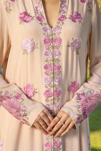 Shop_DAREISS_Beige Silk, Crepe Mandarin Collar Camellia Embroidered Kurta Set _Online_at_Aza_Fashions