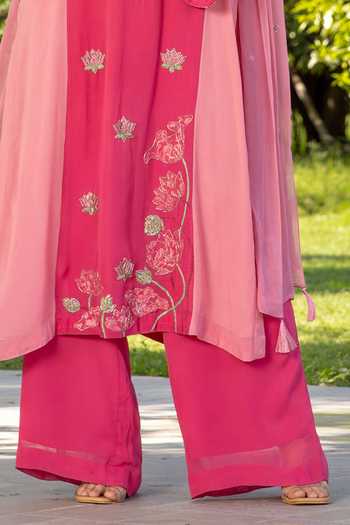 DAREISS_Pink Georgette Split V-neck, Yes Lotus Hand Embroidered Kurta Set _Online_at_Aza_Fashions