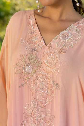 DAREISS_Peach Silk, Chiffon V-neck Marigold Hand Embroidered Kaftan _Online_at_Aza_Fashions