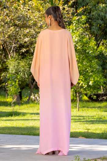 Shop_DAREISS_Peach Silk, Chiffon V-neck Marigold Hand Embroidered Kaftan _at_Aza_Fashions